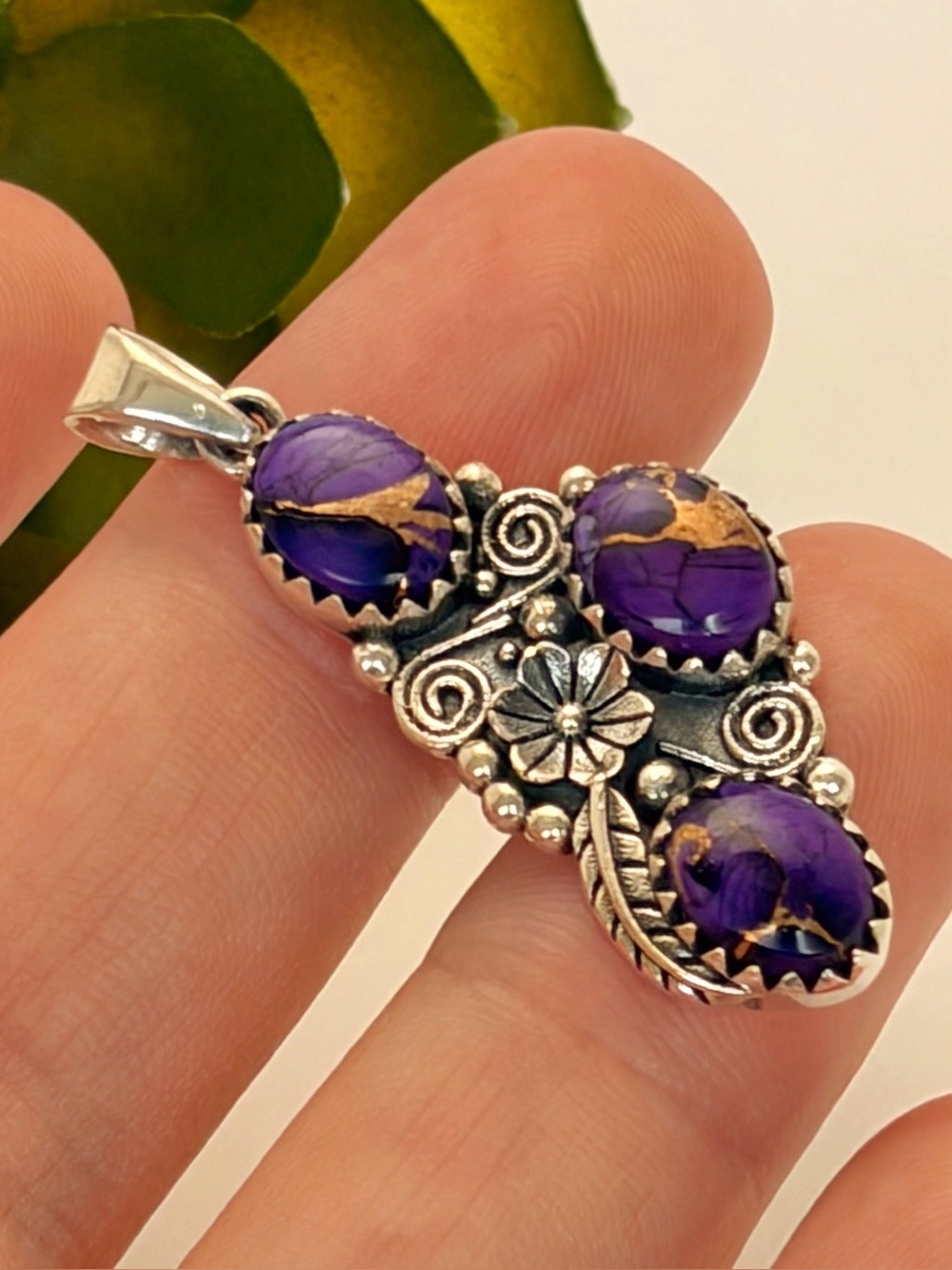 Pure Sterling Silver 925 Genuine Purple Copper Turquoise Pendant Floral
